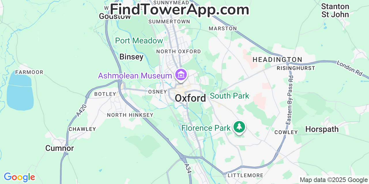 Map showing the 0 primary Tesco-Mobile cell tower locations detected in Oxford, United Kingdom with coverage radius and signal strength indicators