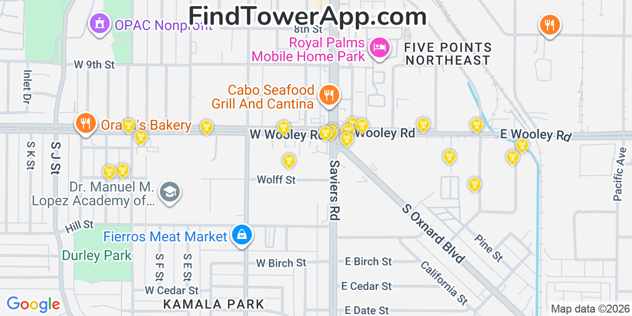 Map showing the 20 primary cell tower locations detected in Oxnard, California from AT&T, Verizon, and T-Mobile networks