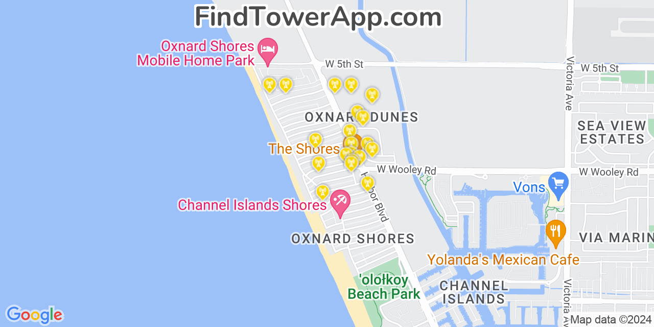 AT&T 4G/5G cell tower coverage map Oxnard Shores, California