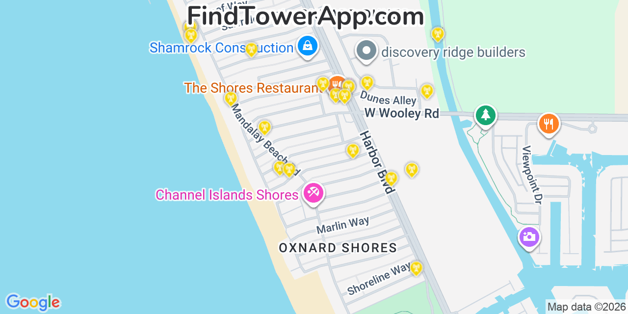 Map showing the 20 primary cell tower locations detected in Oxnard Shores, California from AT&T, Verizon, and T-Mobile networks
