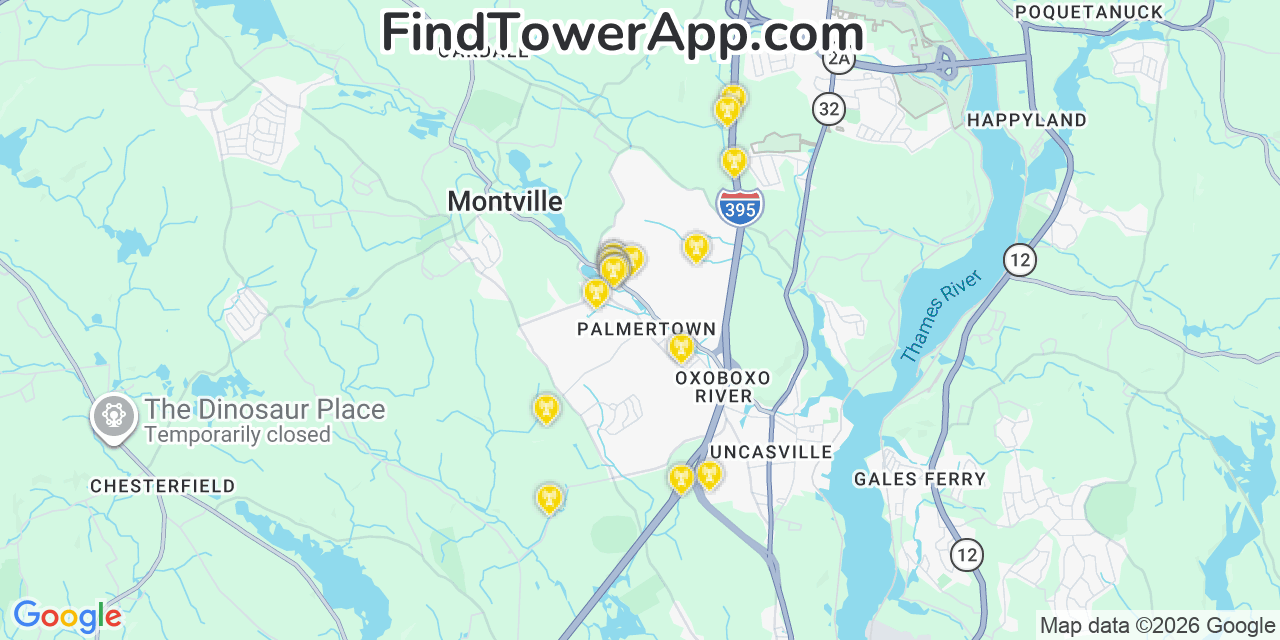 Map showing the 20 primary cell tower locations detected in Oxoboxo River, Connecticut from AT&T, Verizon, and T-Mobile networks