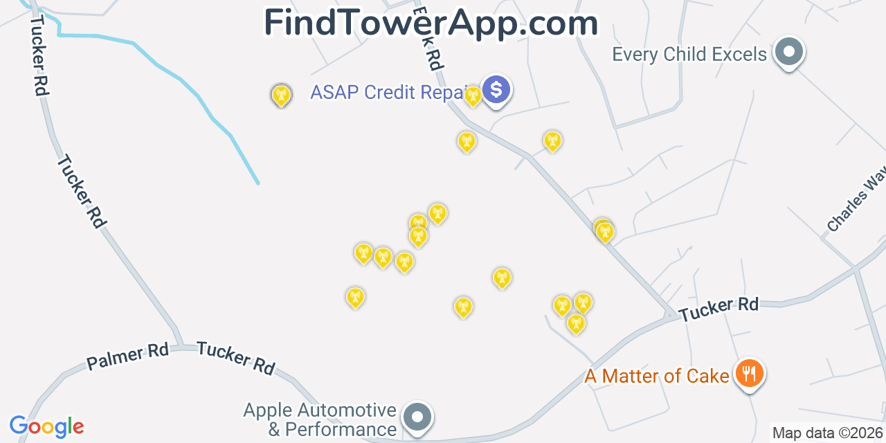 Map showing the 20 primary cell tower locations detected in Oxon Hill, Maryland from AT&T, Verizon, and T-Mobile networks