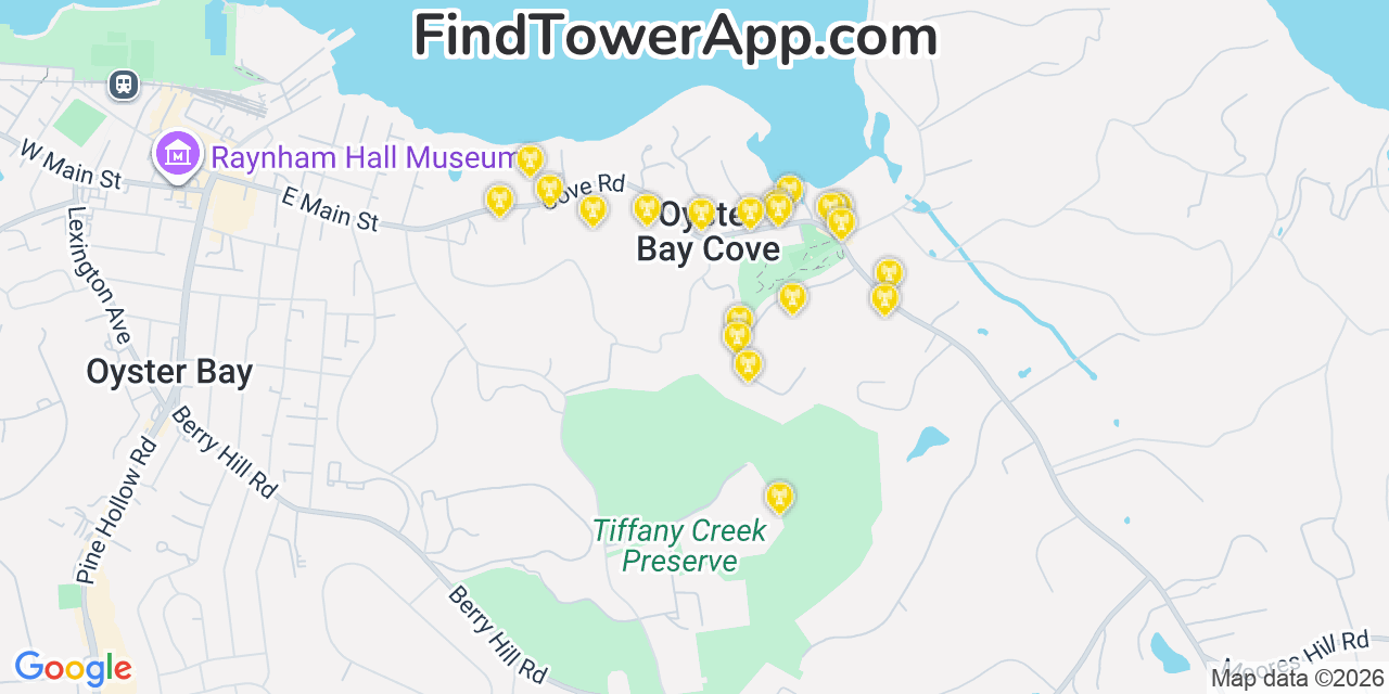 Map showing the 20 primary cell tower locations detected in Oyster Bay Cove, New York from AT&T, Verizon, and T-Mobile networks