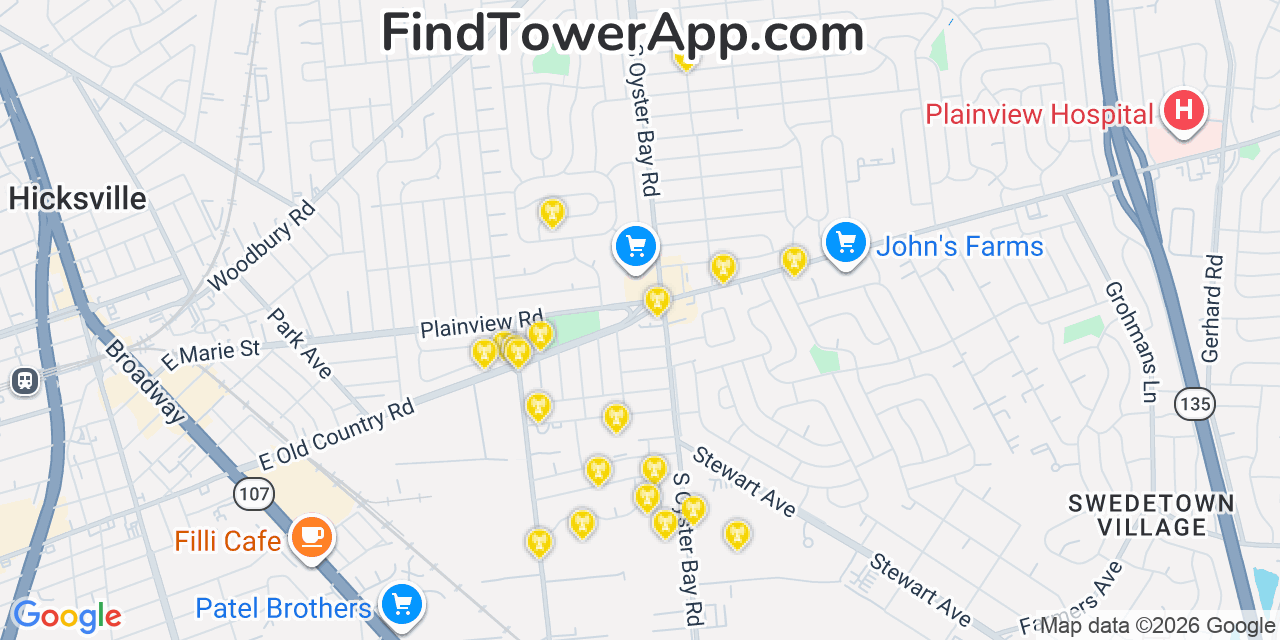 Map showing the 20 primary cell tower locations detected in Oyster Bay, New York from AT&T, Verizon, and T-Mobile networks