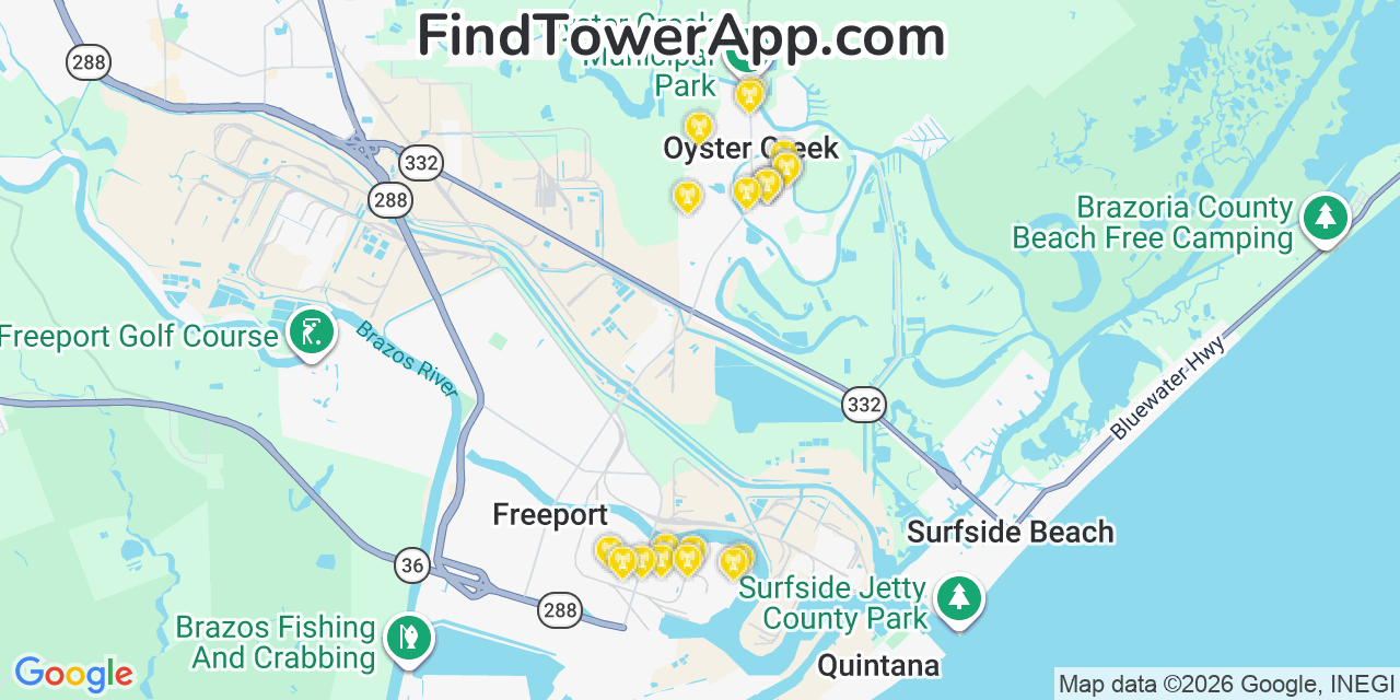 Map showing the 20 primary cell tower locations detected in Oyster Creek, Texas from AT&T, Verizon, and T-Mobile networks