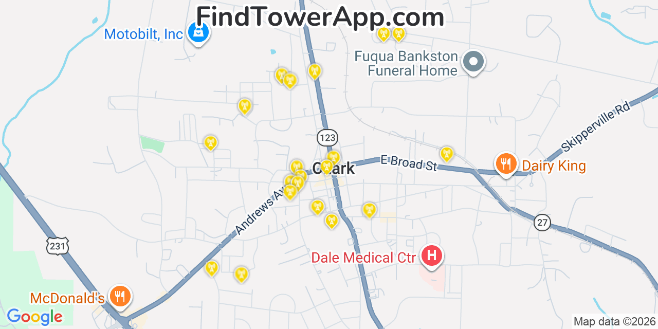 Map showing the 20 primary cell tower locations detected in Ozark, Alabama from AT&T, Verizon, and T-Mobile networks