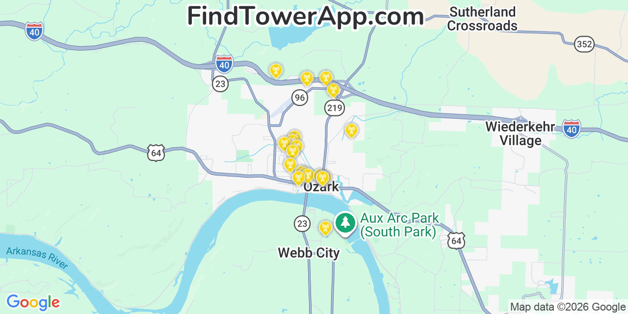 Map showing the 20 primary cell tower locations detected in Ozark, Arkansas from AT&T, Verizon, and T-Mobile networks