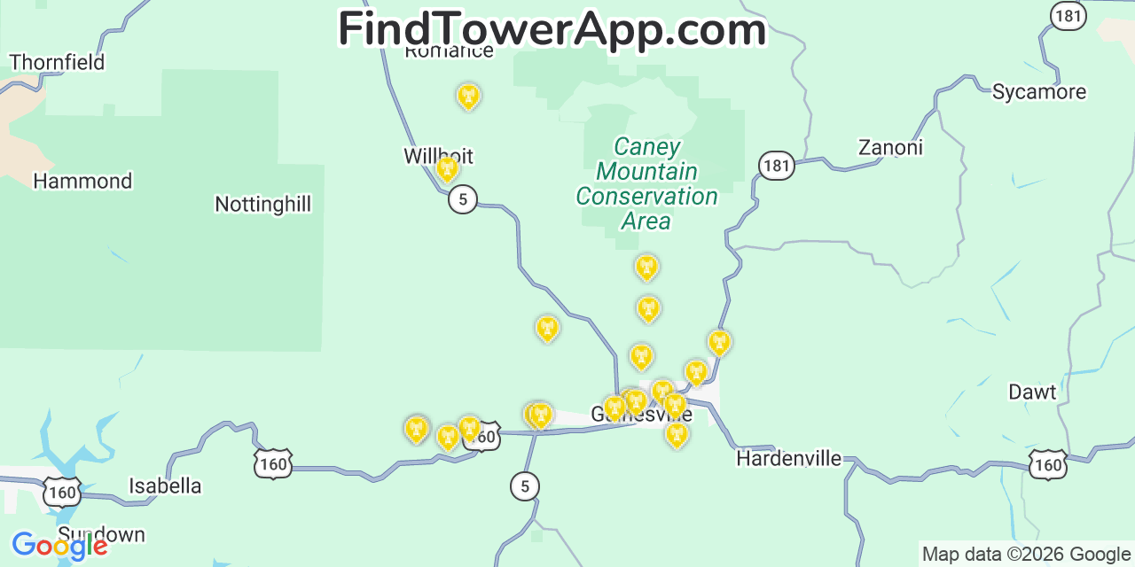 Map showing the 20 primary cell tower locations detected in Ozark, Missouri from AT&T, Verizon, and T-Mobile networks
