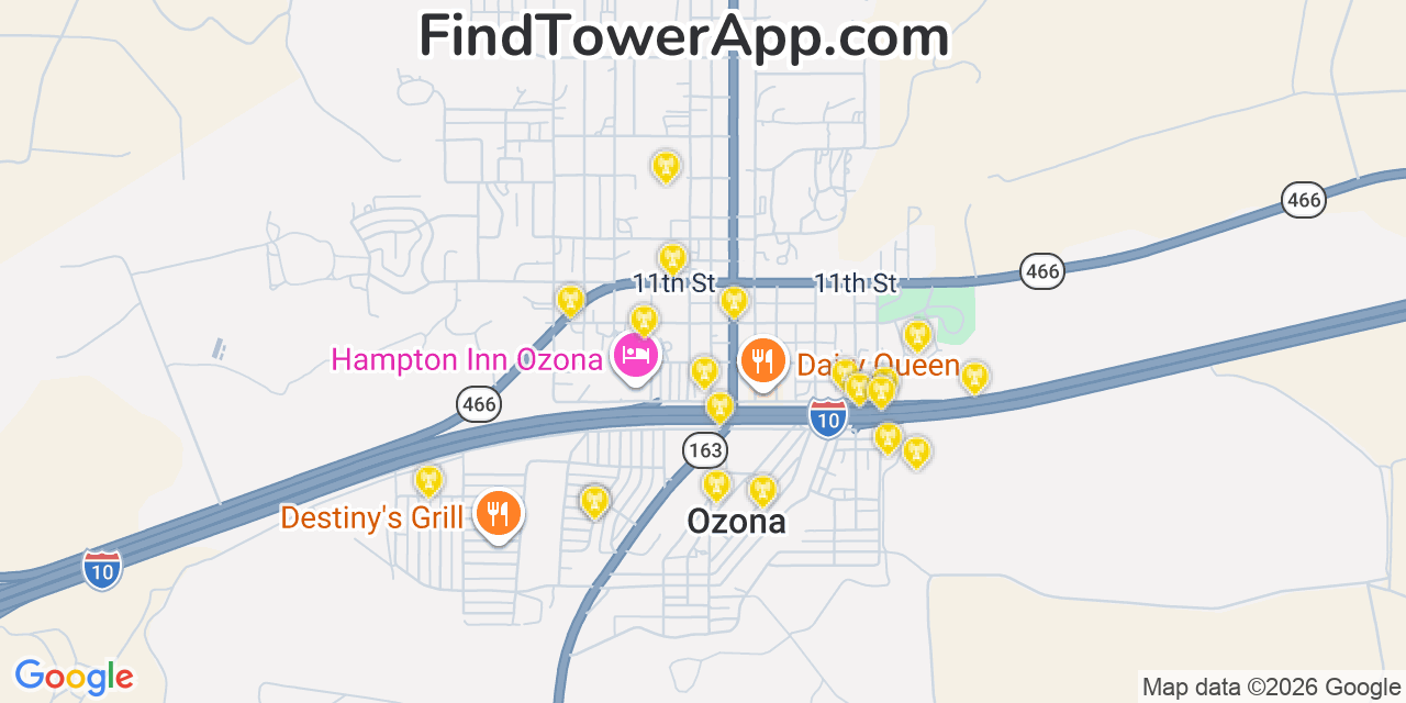 Map showing the 20 primary cell tower locations detected in Ozona, Texas from AT&T, Verizon, and T-Mobile networks
