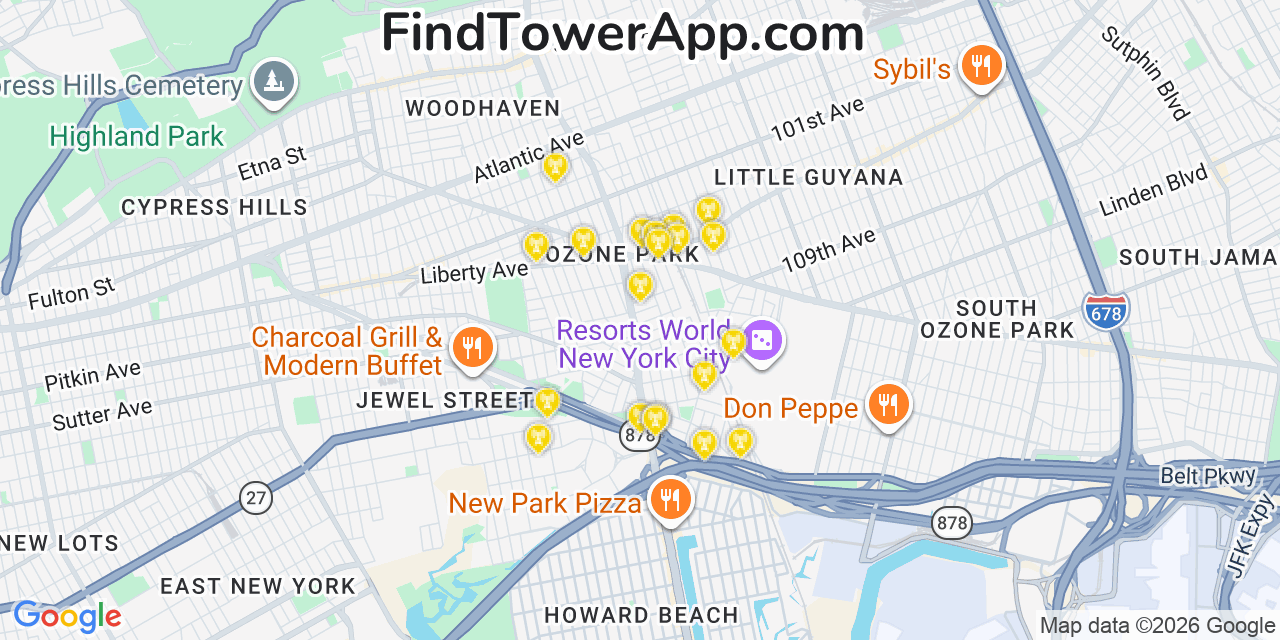 Map showing the 20 primary cell tower locations detected in Ozone Park, New York from AT&T, Verizon, and T-Mobile networks