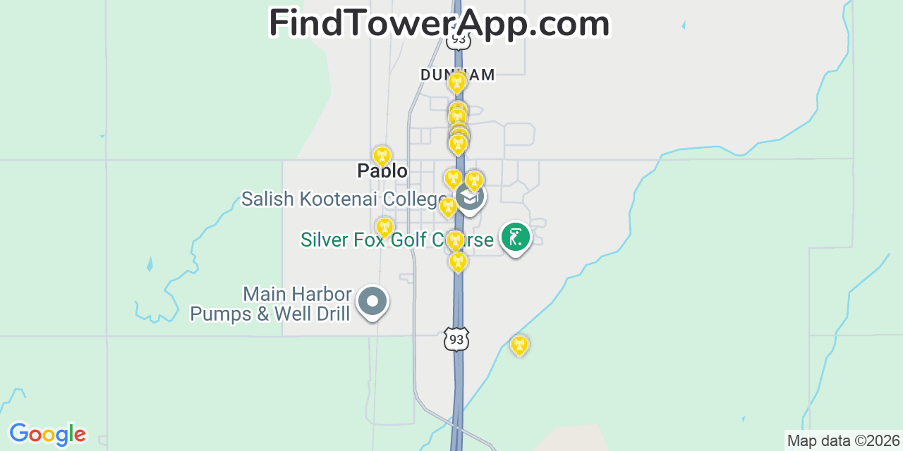 Map showing the 20 primary cell tower locations detected in Pablo, Montana from AT&T, Verizon, and T-Mobile networks