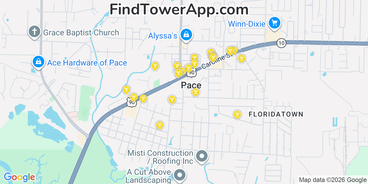 Map showing the 20 primary cell tower locations detected in Pace, Florida from AT&T, Verizon, and T-Mobile networks