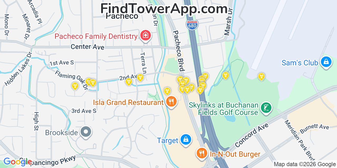 Map showing the 20 primary cell tower locations detected in Pacheco, California from AT&T, Verizon, and T-Mobile networks