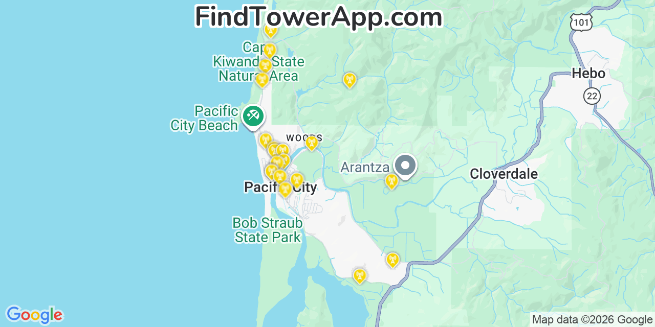 Map showing the 20 primary cell tower locations detected in Pacific City, Oregon from AT&T, Verizon, and T-Mobile networks