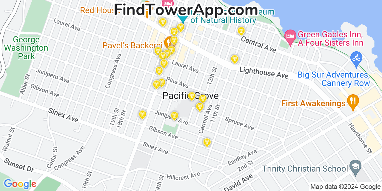 AT&T 4G/5G cell tower coverage map Pacific Grove, California