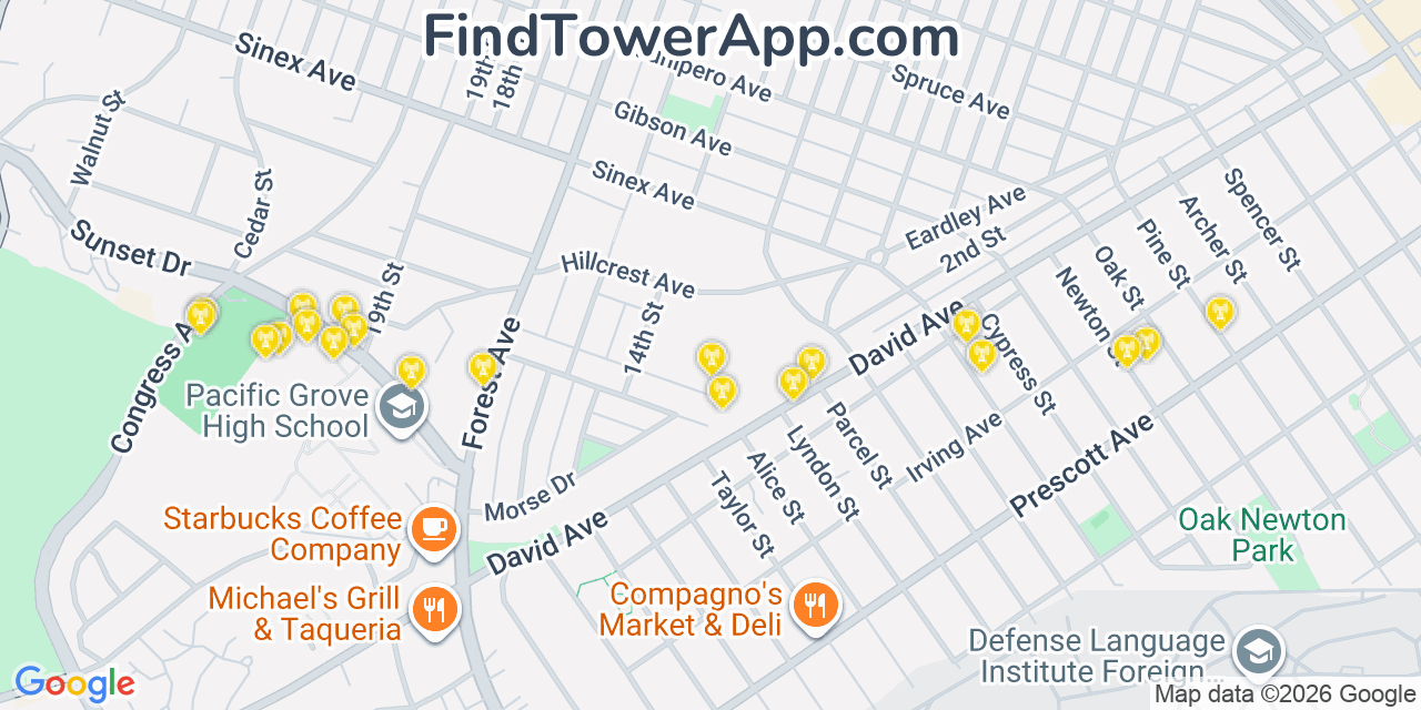 Map showing the 20 primary cell tower locations detected in Pacific Grove, California from AT&T, Verizon, and T-Mobile networks