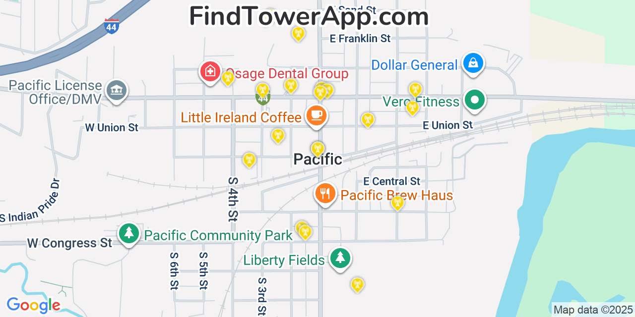 Map showing the 20 primary cell tower locations detected in Pacific, Missouri from AT&T, Verizon, and T-Mobile networks