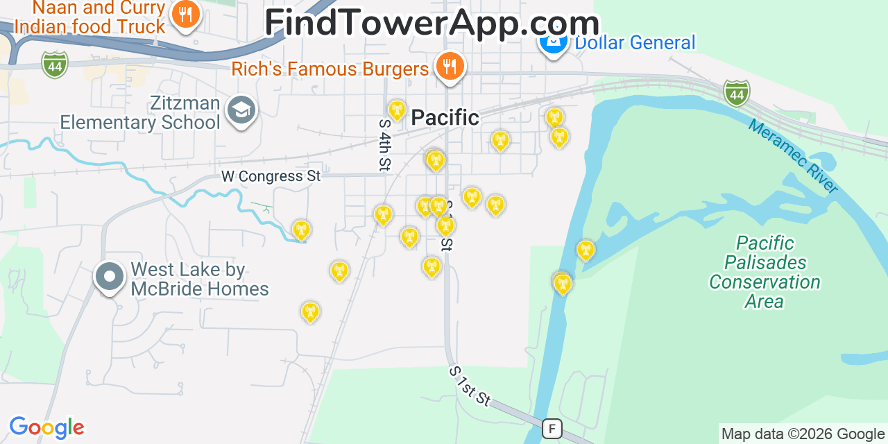 Map showing the 20 primary cell tower locations detected in Pacific, Missouri from AT&T, Verizon, and T-Mobile networks