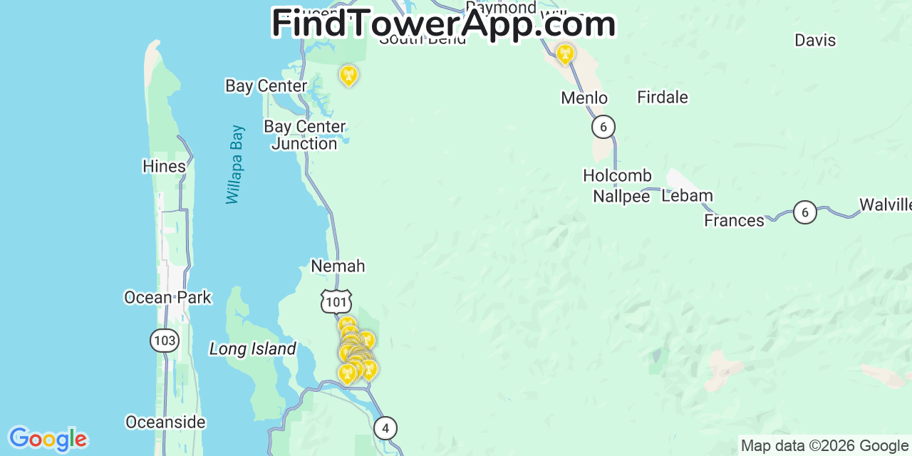 Map showing the 20 primary cell tower locations detected in Pacific, Washington from AT&T, Verizon, and T-Mobile networks