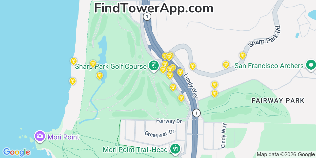 Map showing the 20 primary cell tower locations detected in Pacifica, California from AT&T, Verizon, and T-Mobile networks
