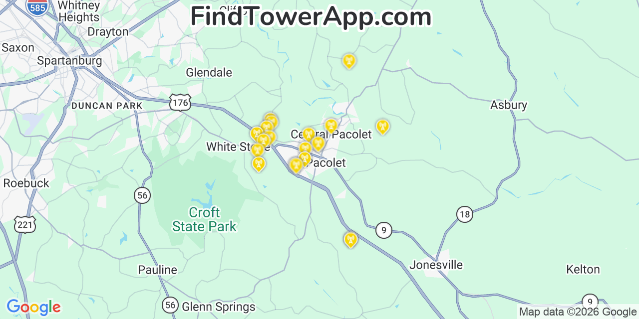 Map showing the 20 primary cell tower locations detected in Pacolet, South Carolina from AT&T, Verizon, and T-Mobile networks