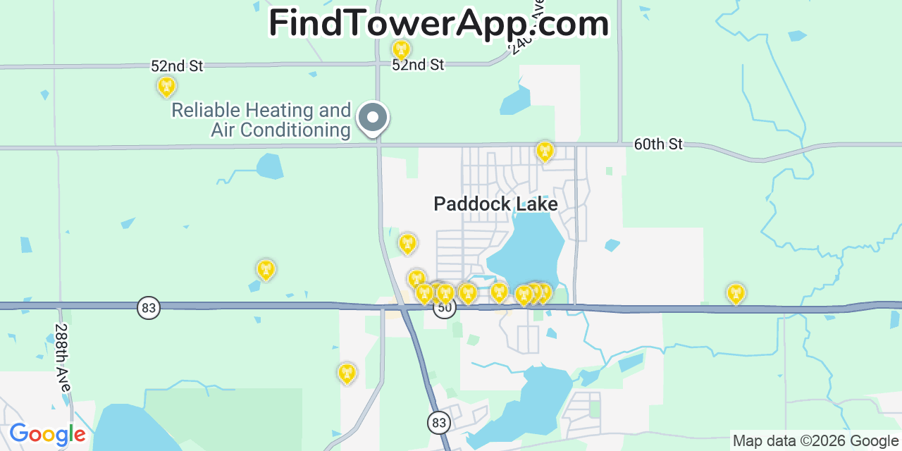 Map showing the 20 primary cell tower locations detected in Paddock Lake, Wisconsin from AT&T, Verizon, and T-Mobile networks
