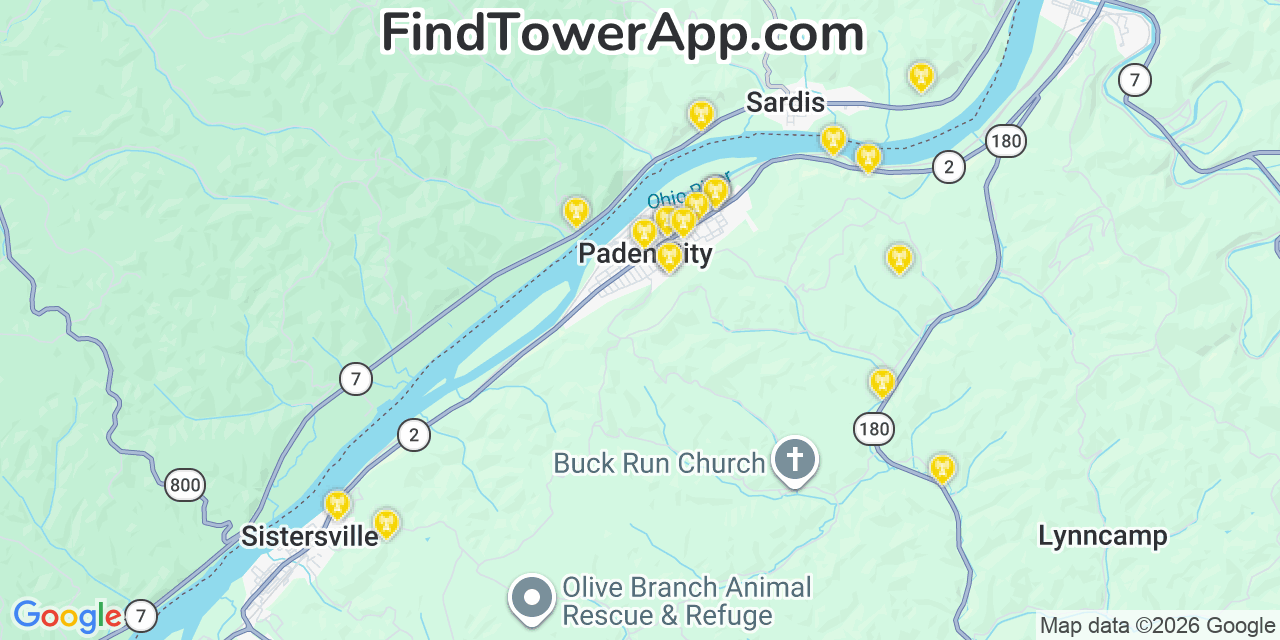 Map showing the 20 primary cell tower locations detected in Paden City, West Virginia from AT&T, Verizon, and T-Mobile networks