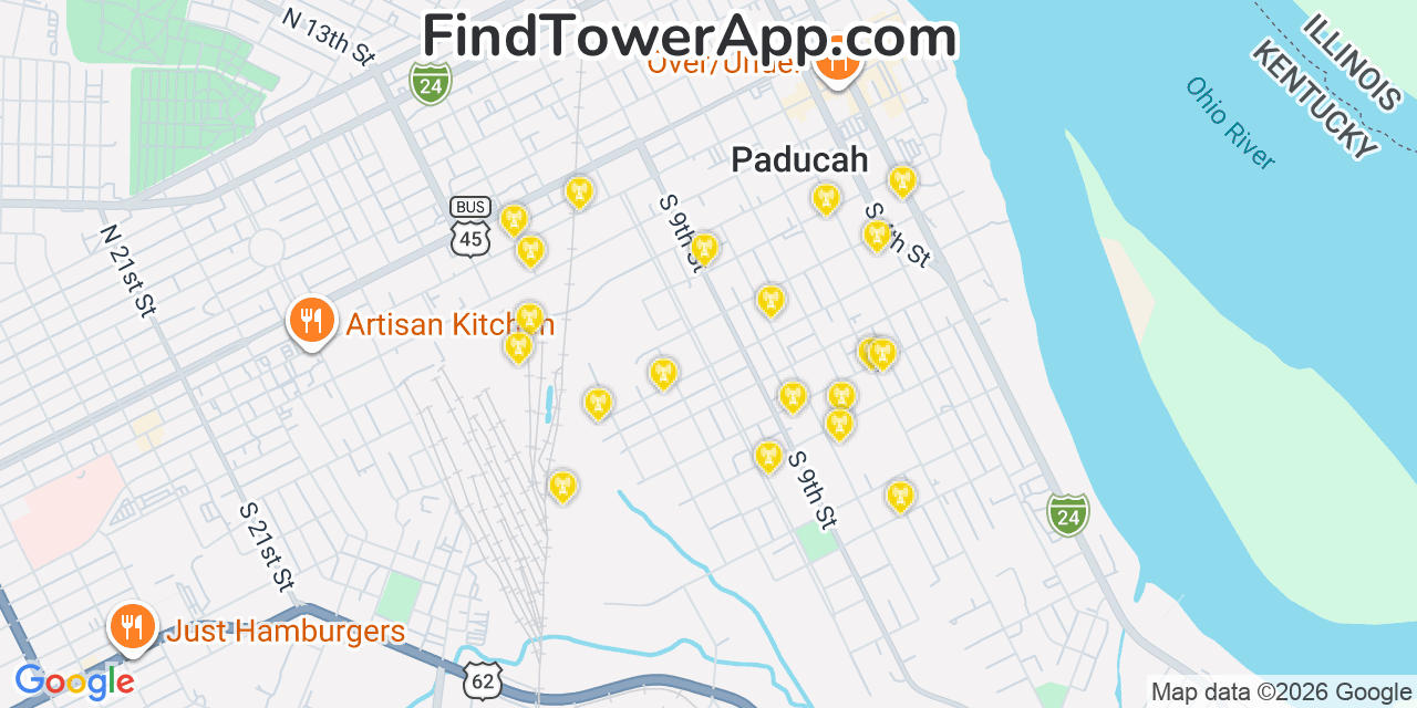 Map showing the 20 primary cell tower locations detected in Paducah, Kentucky from AT&T, Verizon, and T-Mobile networks