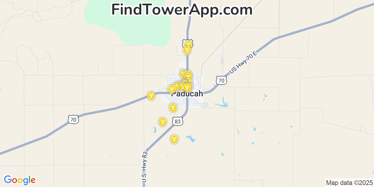 Map showing the 20 primary cell tower locations detected in Paducah, Texas from AT&T, Verizon, and T-Mobile networks