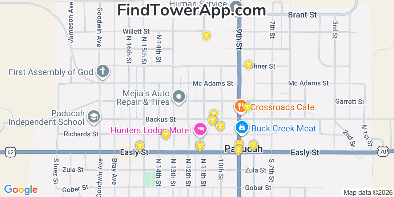 Map showing the 20 primary cell tower locations detected in Paducah, Texas from AT&T, Verizon, and T-Mobile networks