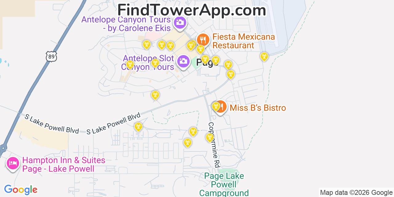 Map showing the 20 primary cell tower locations detected in Page, Arizona from AT&T, Verizon, and T-Mobile networks