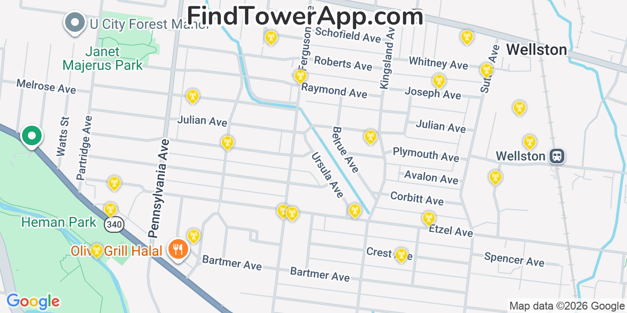 Map showing the 20 primary cell tower locations detected in Pagedale, Missouri from AT&T, Verizon, and T-Mobile networks