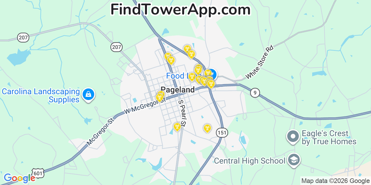Map showing the 20 primary cell tower locations detected in Pageland, South Carolina from AT&T, Verizon, and T-Mobile networks