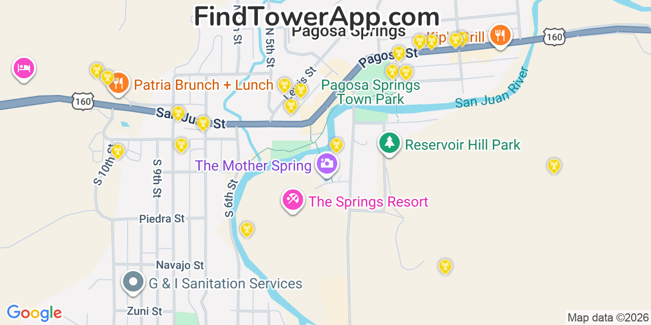 Map showing the 20 primary cell tower locations detected in Pagosa Springs, Colorado from AT&T, Verizon, and T-Mobile networks