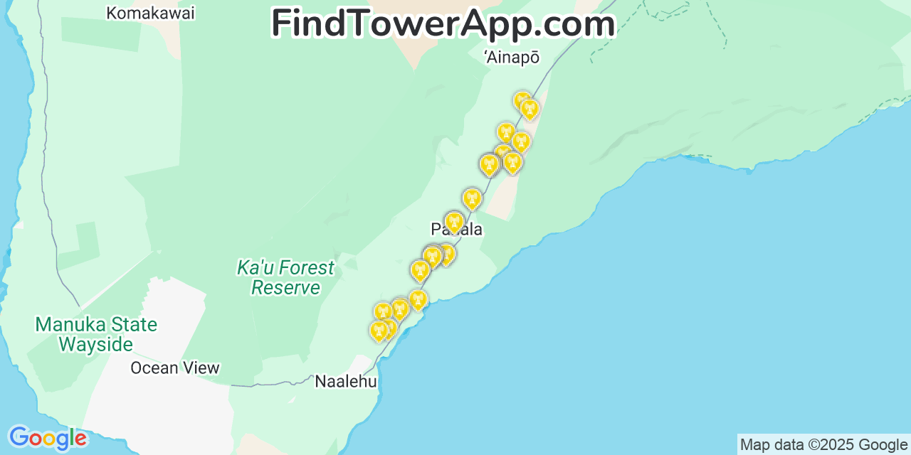 Map showing the 31 primary AT&T cell tower locations detected in Pāhala, Hawaii with coverage radius and signal strength indicators