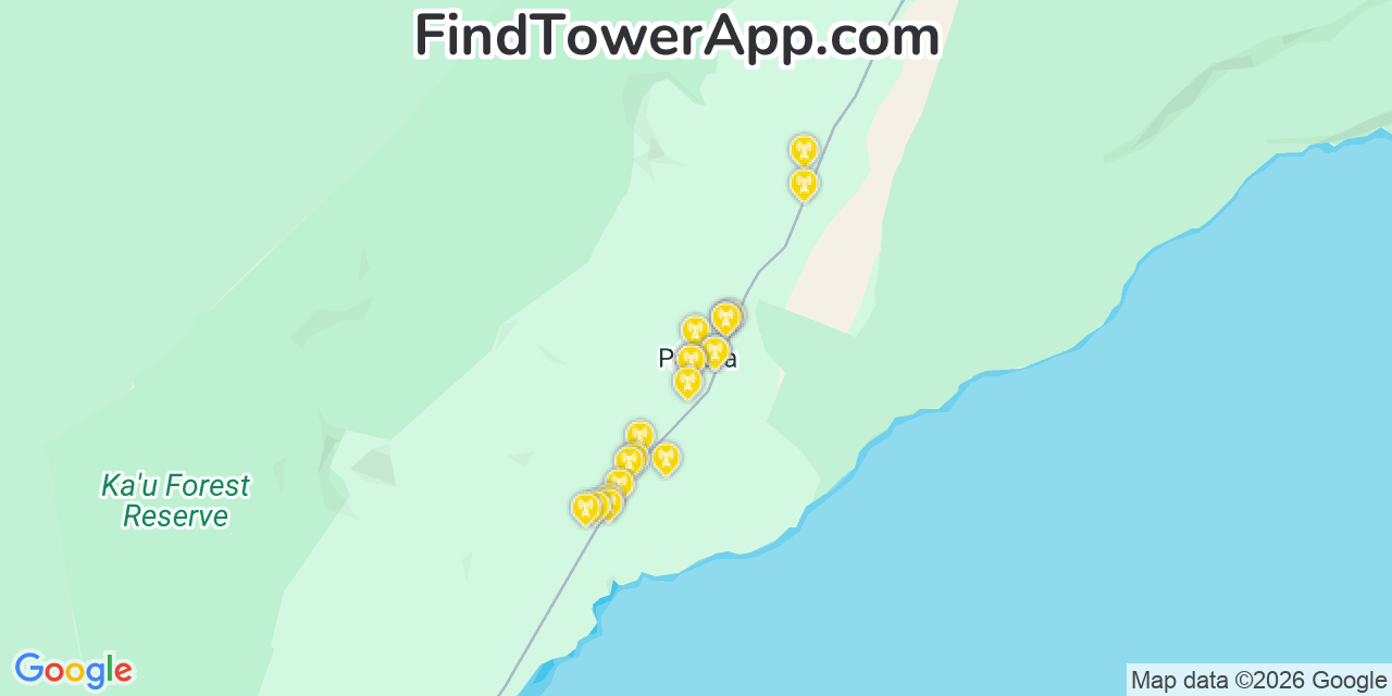 Map showing the 20 primary cell tower locations detected in Pāhala, Hawaii from AT&T, Verizon, and T-Mobile networks
