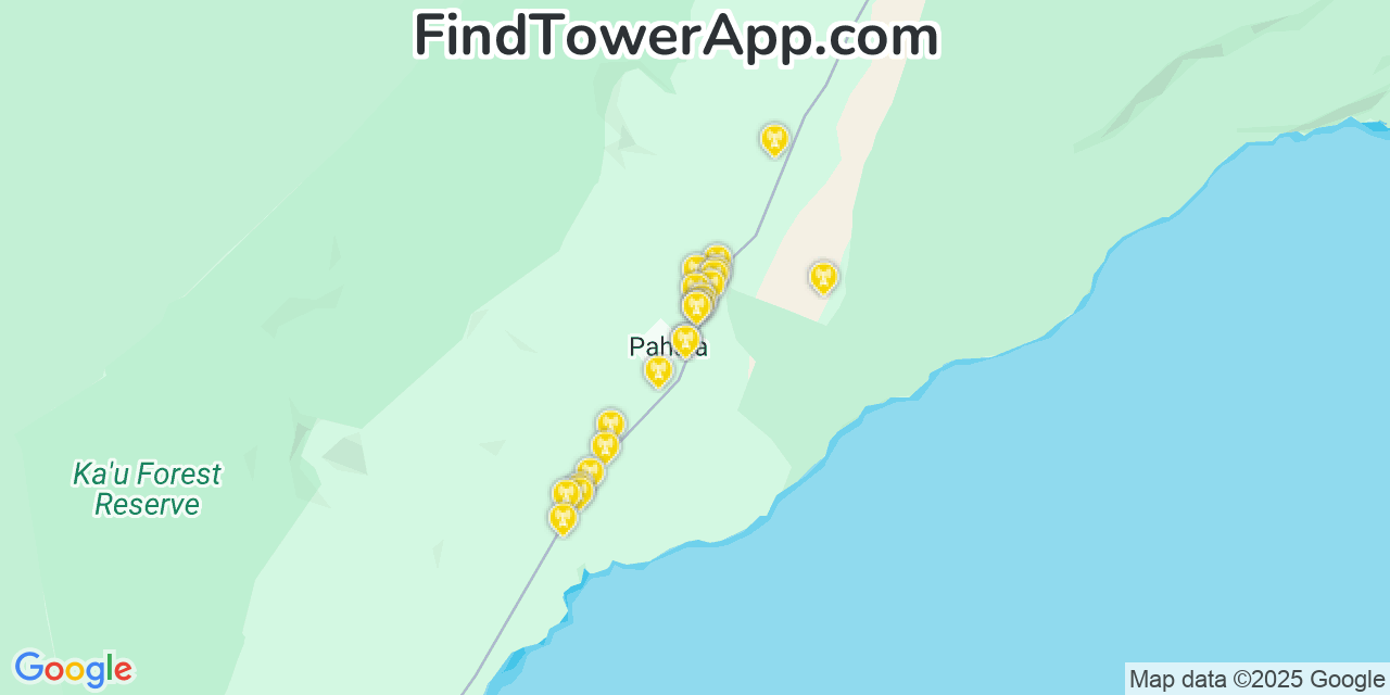 Map showing the 22 primary T-Mobile cell tower locations detected in Pāhala, Hawaii with coverage radius and signal strength indicators