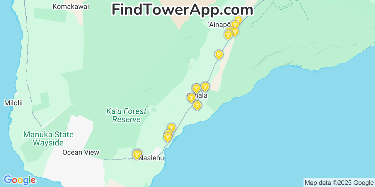 Map showing the 32 primary Verizon cell tower locations detected in Pāhala, Hawaii with coverage radius and signal strength indicators