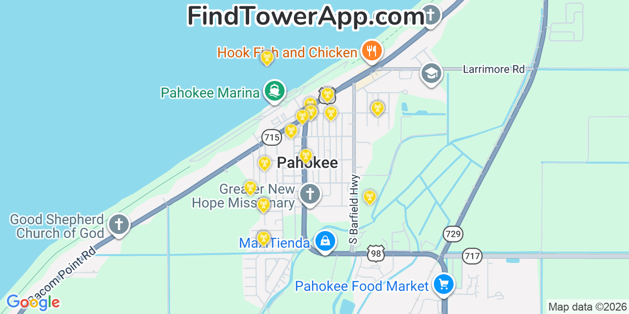 Map showing the 20 primary cell tower locations detected in Pahokee, Florida from AT&T, Verizon, and T-Mobile networks