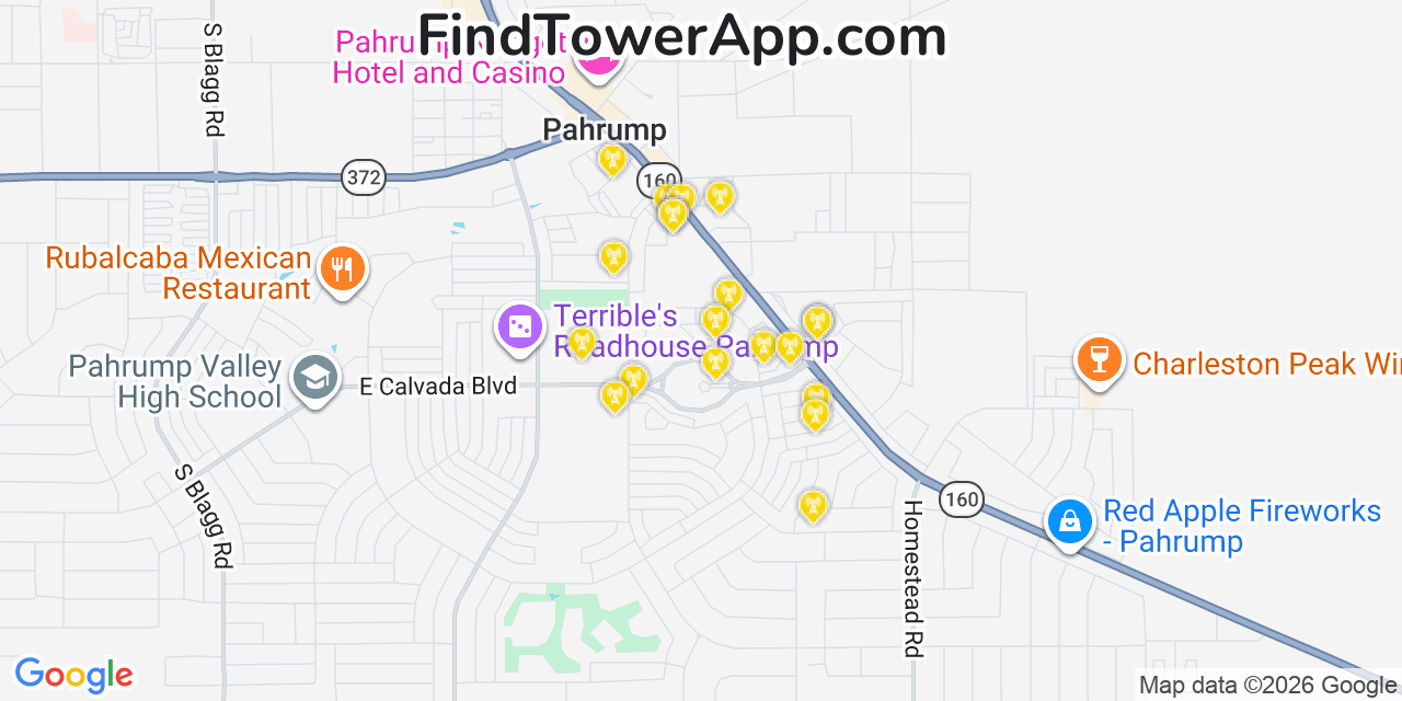 Map showing the 20 primary cell tower locations detected in Pahrump, Nevada from AT&T, Verizon, and T-Mobile networks