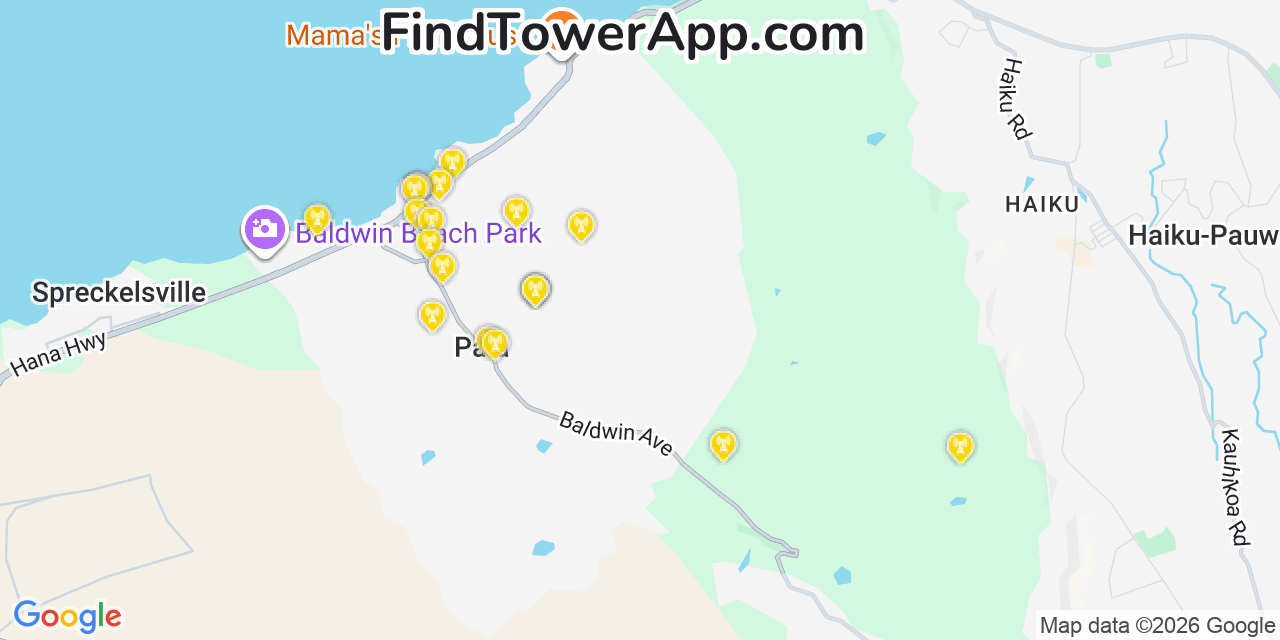 Map showing the 20 primary cell tower locations detected in Paia, Hawaii from AT&T, Verizon, and T-Mobile networks