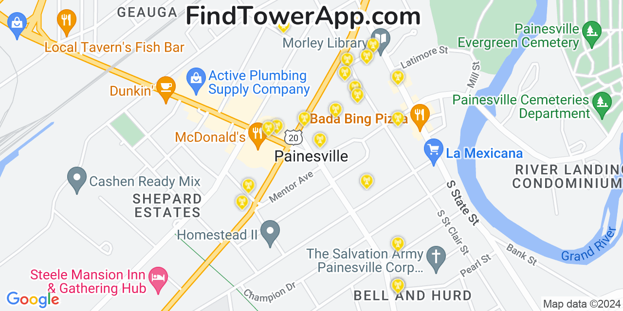 AT&T 4G/5G cell tower coverage map Painesville, Ohio