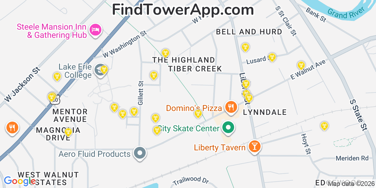 Map showing the 20 primary cell tower locations detected in Painesville, Ohio from AT&T, Verizon, and T-Mobile networks