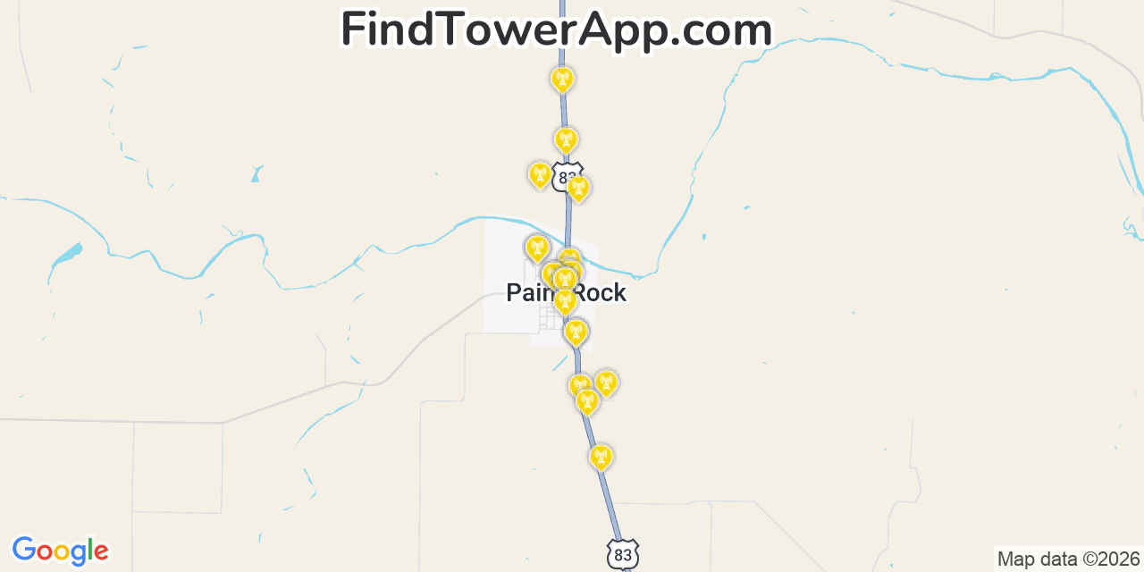 Map showing the 20 primary cell tower locations detected in Paint Rock, Texas from AT&T, Verizon, and T-Mobile networks