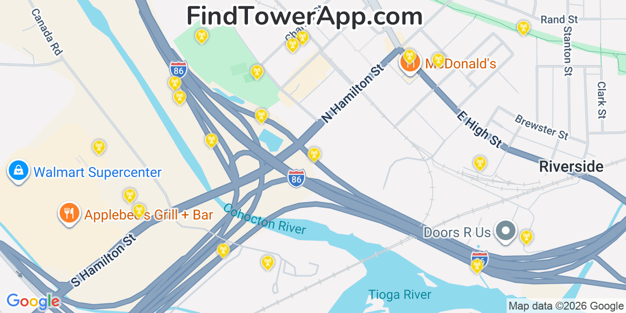 Map showing the 20 primary cell tower locations detected in Painted Post, New York from AT&T, Verizon, and T-Mobile networks