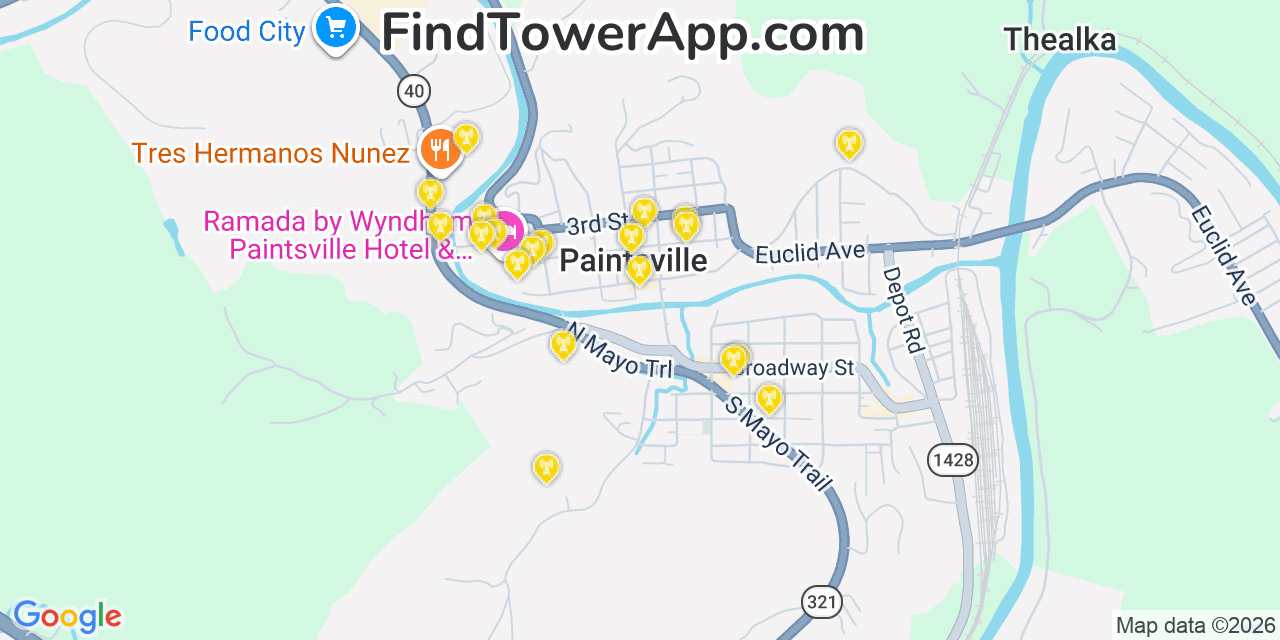 Map showing the 20 primary cell tower locations detected in Paintsville, Kentucky from AT&T, Verizon, and T-Mobile networks