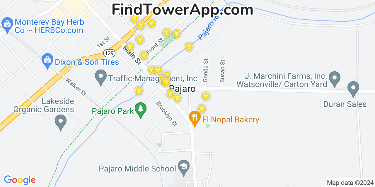 AT&T 4G/5G cell tower coverage map Pajaro, California