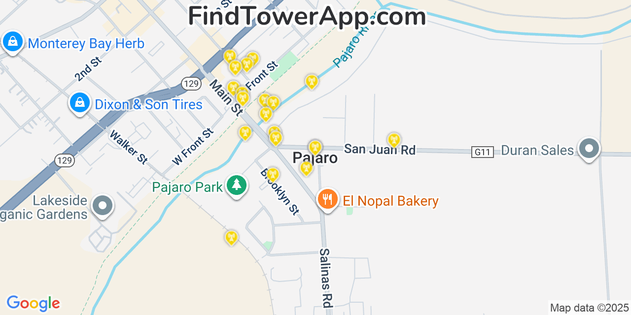 Map showing the 20 primary cell tower locations detected in Pajaro, California from AT&T, Verizon, and T-Mobile networks