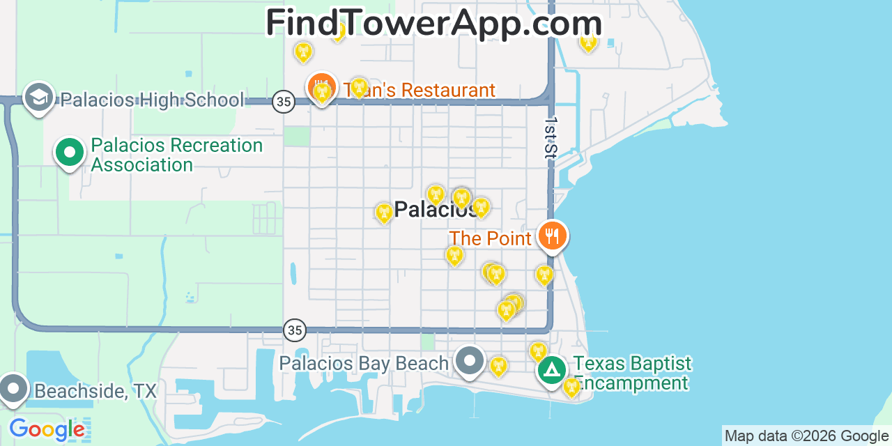 Map showing the 20 primary cell tower locations detected in Palacios, Texas from AT&T, Verizon, and T-Mobile networks
