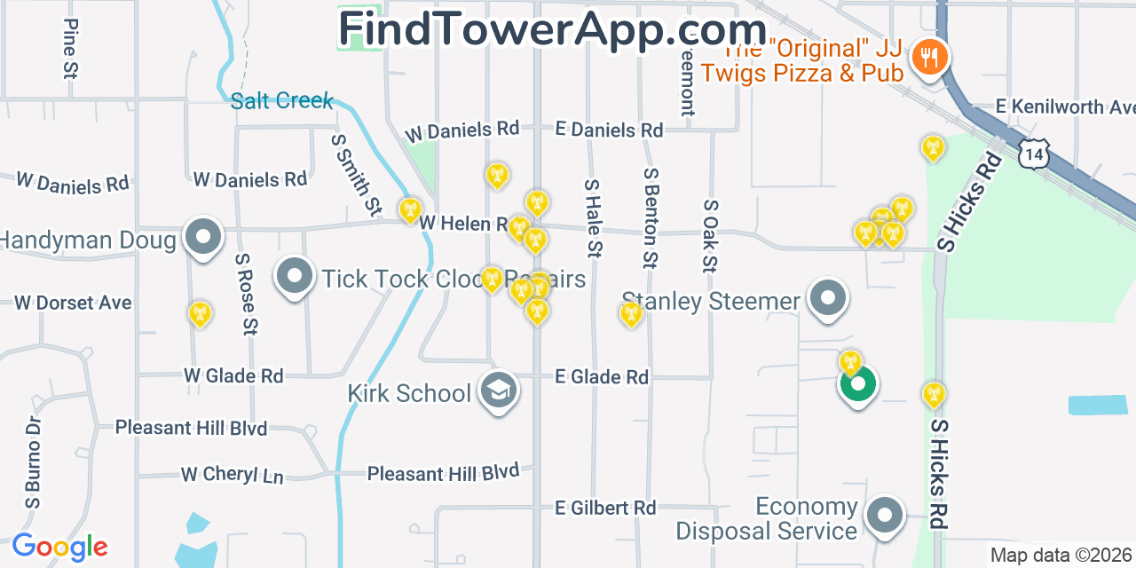 Map showing the 20 primary cell tower locations detected in Palatine, Illinois from AT&T, Verizon, and T-Mobile networks